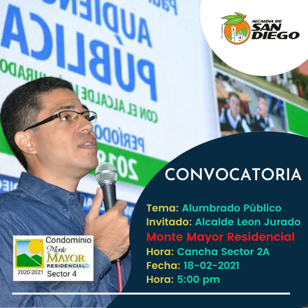 Copropietarios de Montemayor, se les notifica que para esta fecha,estaremos recibiendo la visita del Alcalde León Jurado en nuestro conjunto residencial. Se agradece su asistencia tomando en cuenta lo siguiente: *.- Distanciamiento social de 1.5 mts. *.- Uso obligatorio del Tapabocas. *.- Aplicación del Gel Antibacterial o alcohol en sitio de la reunión.